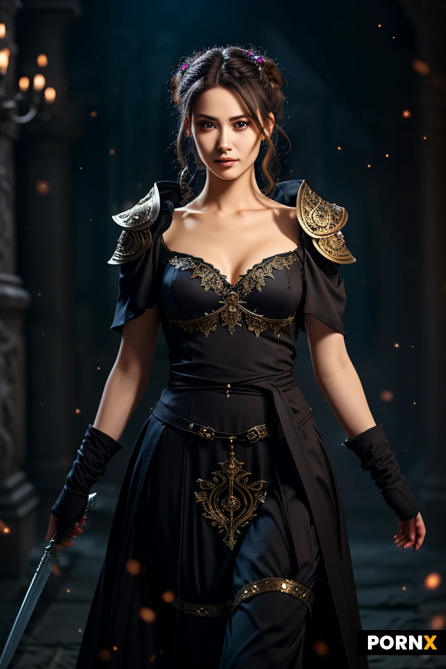 Adult female fantasy mage, medium height, slender athletic build with feminine curves, graceful posture and elegant presence. Beautiful adult woman with striking bright blue eyes and long blonde hair styled into two distinctive symmetrical buns on both sides of her head, with soft loose strands framing her face.
She wears an elegant dark fantasy mage's robe, fitted around the torso and flowing down the body. The robe has a tasteful low neckline and wide draped sleeves that fall loosely from her shoulders and arms, revealing parts of her forearms. Layered lightweight fabrics, subtle magical ornaments and intricate arcane embroidery give the outfit an ancient fantasy appearance. A delicate magical pendant rests at her chest.
She carries an ornate magical staff decorated with glowing blue crystals and ancient runes. Small magical particles and faint arcane symbols surround her hands.
Confident, intelligent and mysterious expression, calm blue eyes, subtle enigmatic smile. Full-body character reference, standing three-quarter pose, entire character
She carries a large two-handed fantasy sword with a massive decorated blade, held naturally and confidently as an experienced swordswoman. A large heavy tower shield is strapped to her other arm, decorated with an ancient emblem.
Full-body character reference, standing pose, three-quarter view, entire character visible from head to boots, neutral fantasy background, detailed anatomy, realistic proportions, highly detailed face, detailed armor and weapons, cinematic fantasy illustration, dramatic but clean lighting, polished anime-inspired fantasy art, high detail, sharp focus, character design sheet aesthetic.