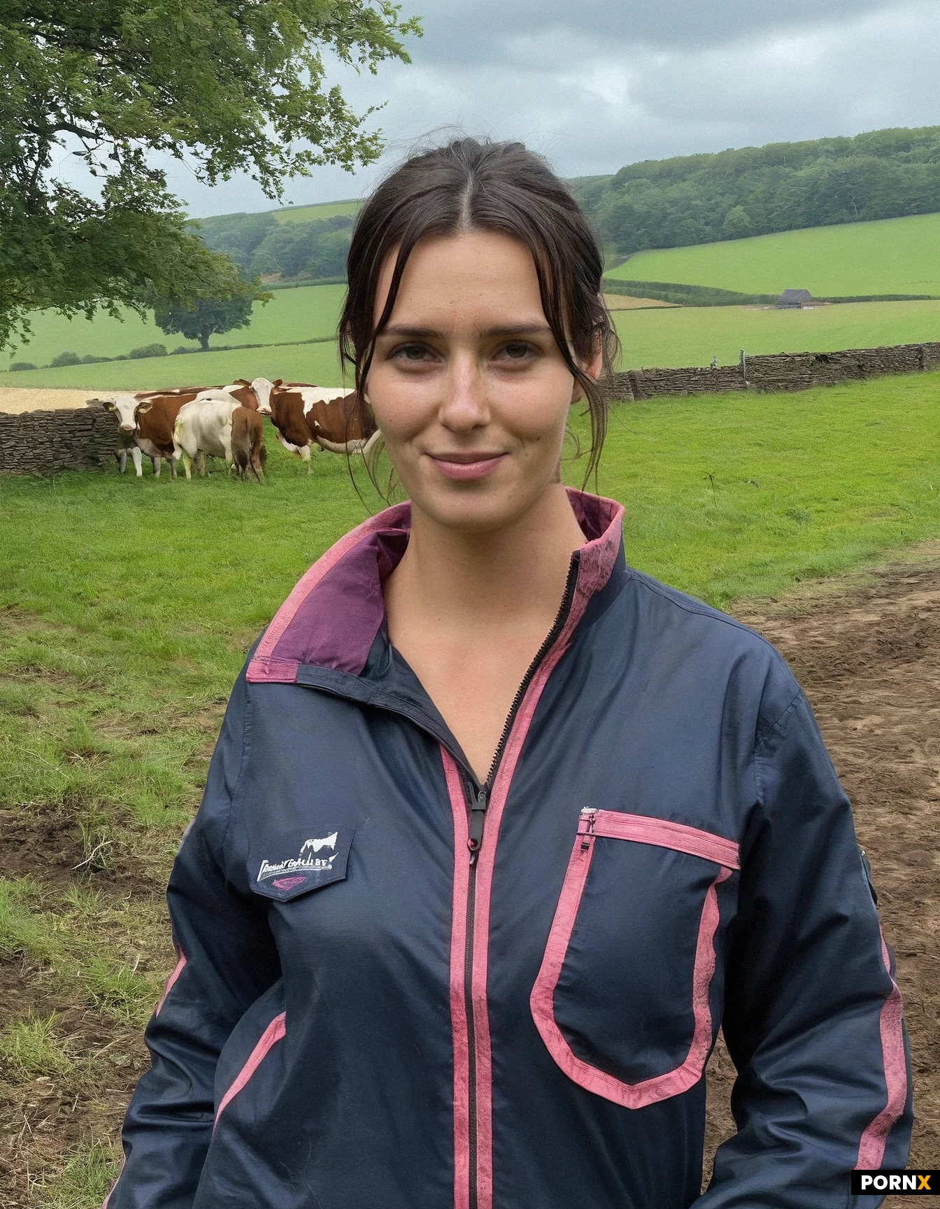 No absurdres, a realistic photo of a 18-year-old female Norman farmer standing in a muddy farmyard in Normandy, flashing tiny breasts with protruding nipples. She's naive, has a shy, gentle, and reserved expression with a slight, hesitant smile, she tied her messy hairs. Her face shows weather-worn, natural skin features typical of working outdoors. She is wearing a dark blue and purple double-zip muddy agricultural work jumpsuit with distinct pink trim and details on the collar, zippers, and pockets. In the background, a traditional stone Normandy barn with a slate roof, green rolling hills, and Normande cows in a pasture under a soft cloudy sky. Authentic lighting, documentary style photography, highly detailed texture.
