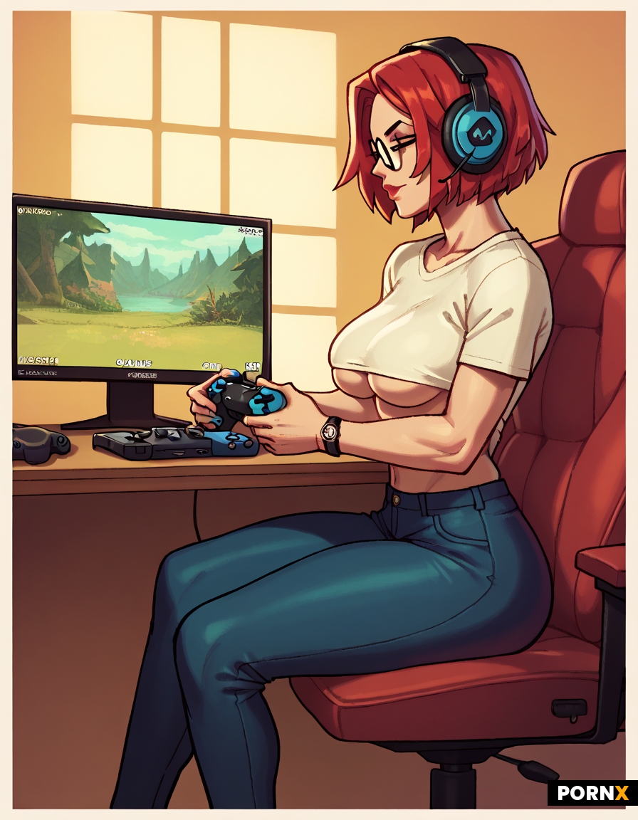Gamer woman holding controller sitting in front of large screen