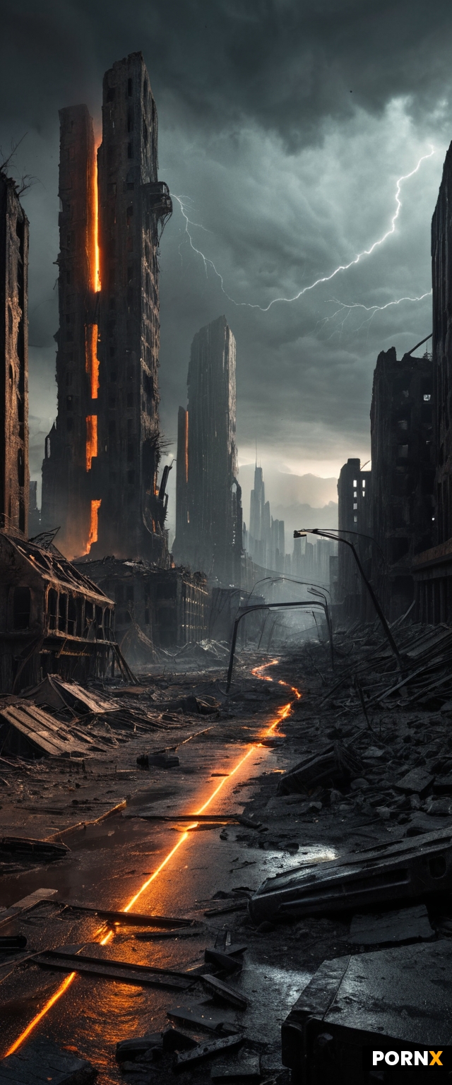 In a hauntingly surreal futuristic landscape the remnants of a post-apocalyptic metropolis lay in ru