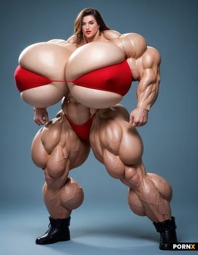 Full body image of a ultimative Super mega muscular female hyper muscle bodybuilder supermodel