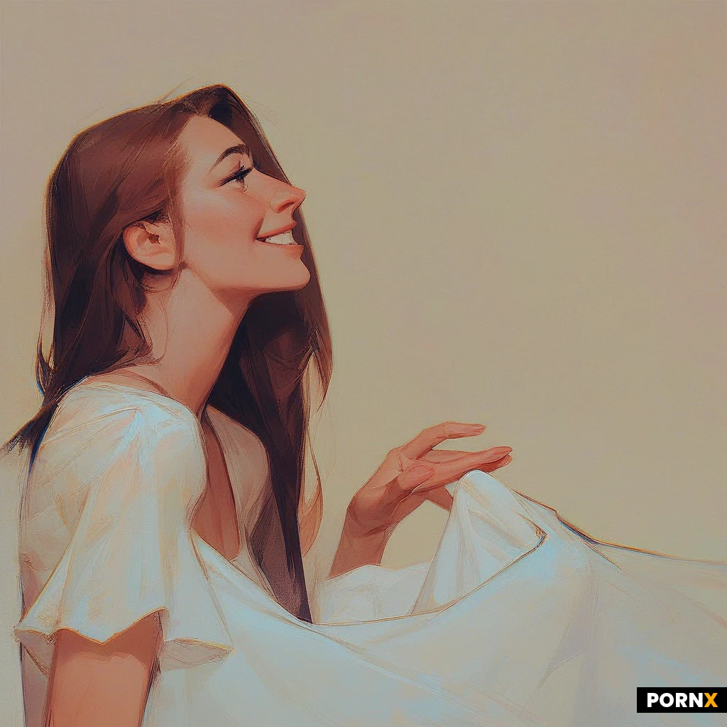 Side view. A cute, slender brunette with long loose hair is in a bedroom, looking towards the camera and talking. She is reaching out towards the camera, smiling, asking a question.
