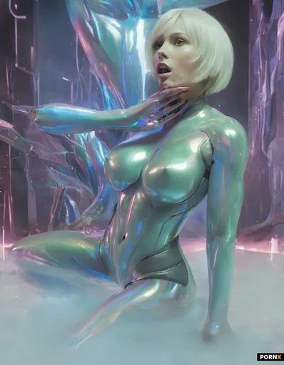 An alien-inspired female vamp with a towering nonhuman silhouette draped in asymmetric cyber armor o