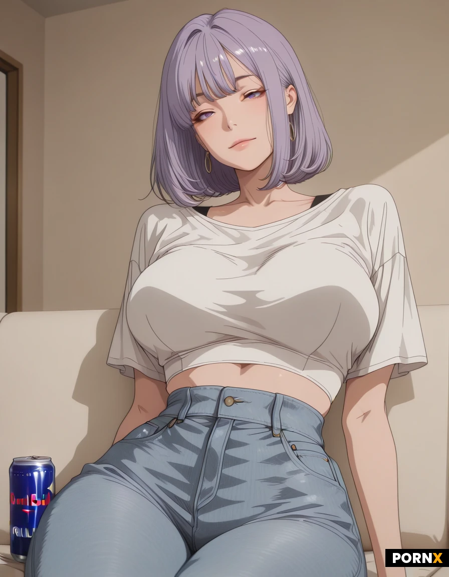 An 18-year-old adult woman with short bars purple hair, sitting casually on a sofa at home and drinking a can of Red Bull. She is wearing a stylish cropped casual top with high-waisted jeans. Cozy modern living room, simple uncluttered background, relaxed natural expression, soft indoor lighting, realistic photography, cinematic composition, high detail, 4K quality, no text, no logos, no sexualized posing. And with breast size 106