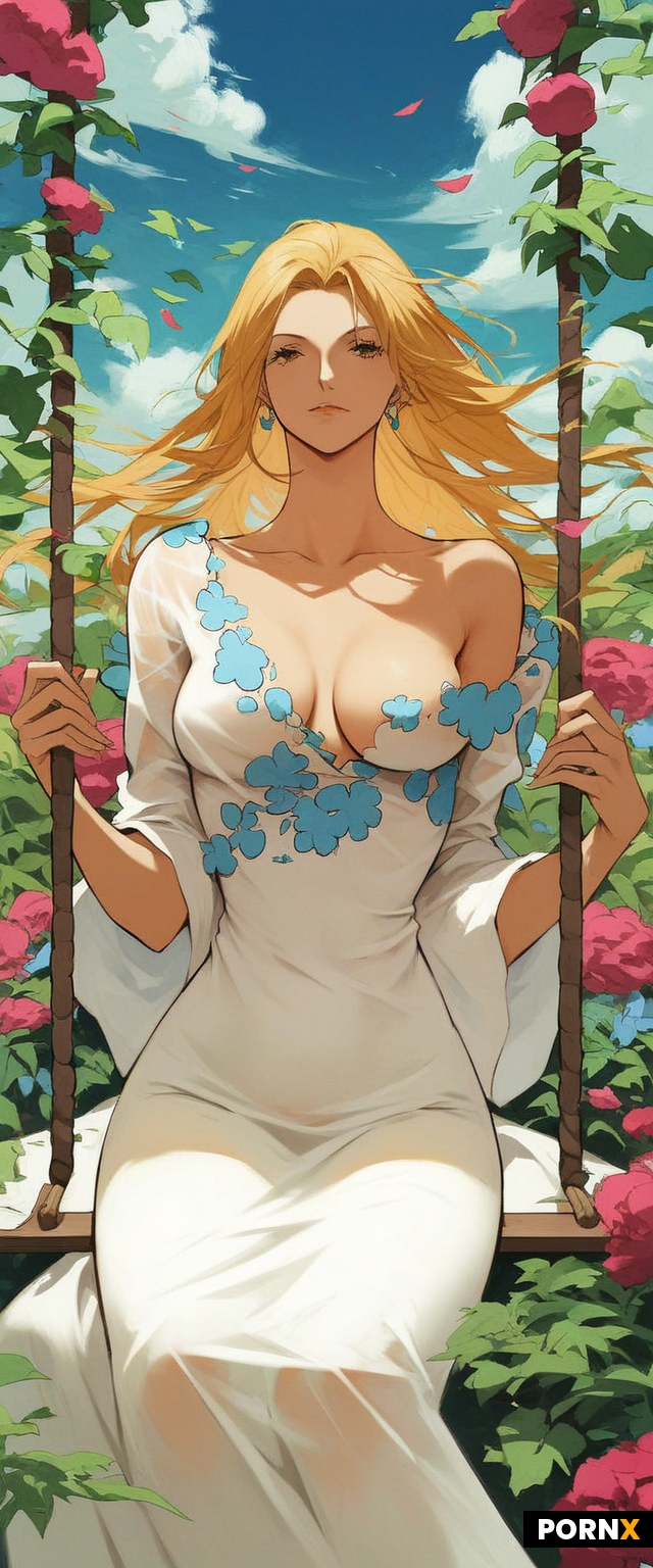 One piece anime style woman sitting on swing in a garden