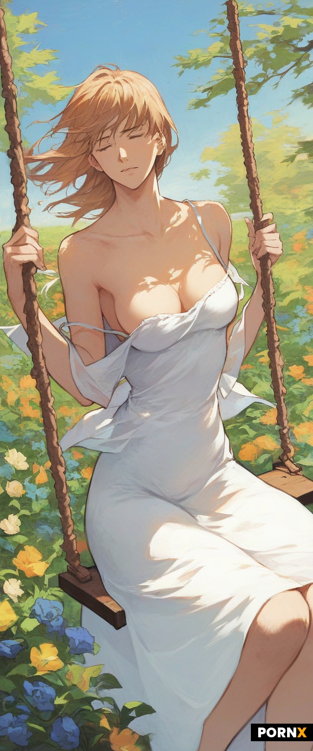 Fate stay night anime style woman sitting on swing in a garden