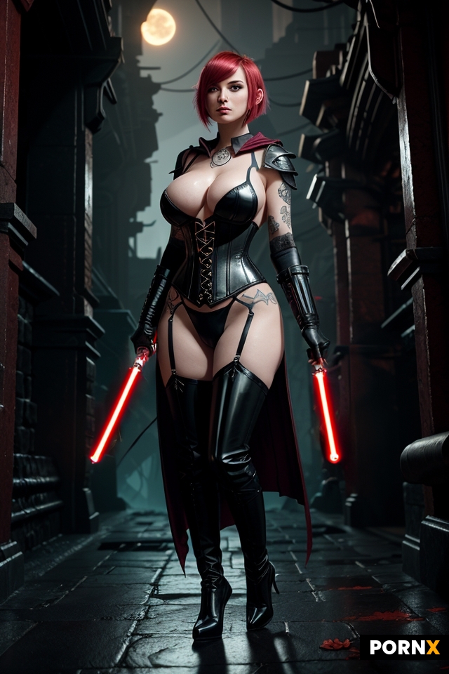 Red lightsaber blade with lightsaber hilt attached to forearm armor