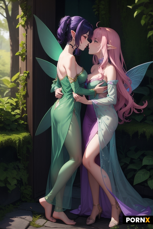 Two beautiful fairies together in a bright forest home