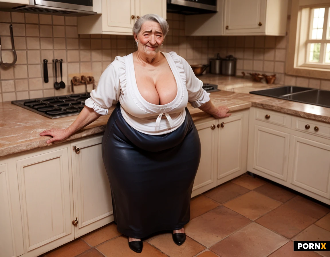 (((((gilf))))),italian, kitchen matriarch,obese, short, wide hips, large ass, thick thighs, round belly, heavy arms, body hair, messy gray bun, deep wrinkles, flushed cheeks, weathered skin, cleavage,linen blouse, dark bodice, cleavage,long skirt, stained apron, rolled sleeves, leather shoes, cleavage, unbuttoned, decolet, stern smile, raised eyebrows, manor kitchen, copper pots, stone floor, wooden table, hearth fire, realism, realism,,full body