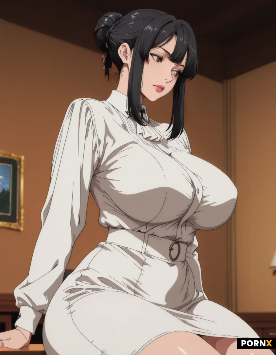 Sitting on a desk, formal teacher attire, tight clothing hugging the shape of her curvy figure, hair tied in a professional bun