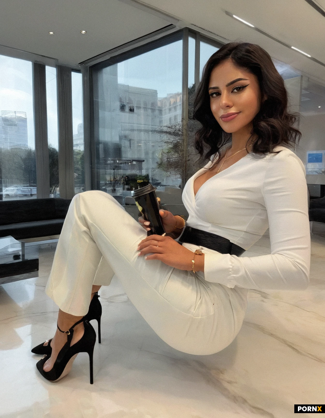 A confident 19-year-old Latina intern with warm olive skin, dark wavy shoulder-length hair, and expressive almond-shaped eyes stands poised in a sleek corporate lobby, her posture straight and a subtle smile hinting at ambition. She wears a fitted white blouse tucked into high-waist charcoal trousers, a delicate gold necklace, and polished black heels, holding a sleek coffee tumbler in one hand while her other hand lightly rests on a glass railing. Soft natural light streams through floor-to-ceiling windows, casting gentle rim lighting on her silhouette and creating a warm glow that highlights the subtle contours of her face and shoulders. The shot is taken at eye level with a shallow depth of field, keeping the modern office interior with minimalist marble floors and abstract art blurred in the background, rendering a photorealistic, cinematic portrait.