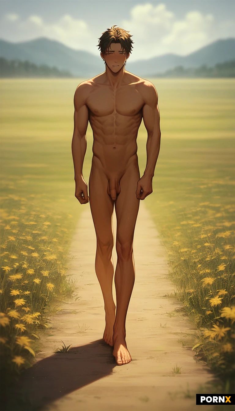 High definition, anime
Full body ,straight view, weak man, twink, shortstack,(slender:1.0),flaccid penis,nude
Fantasy setting,Field, daylight,walking down path,bdsm,embarrassed ,detailed background