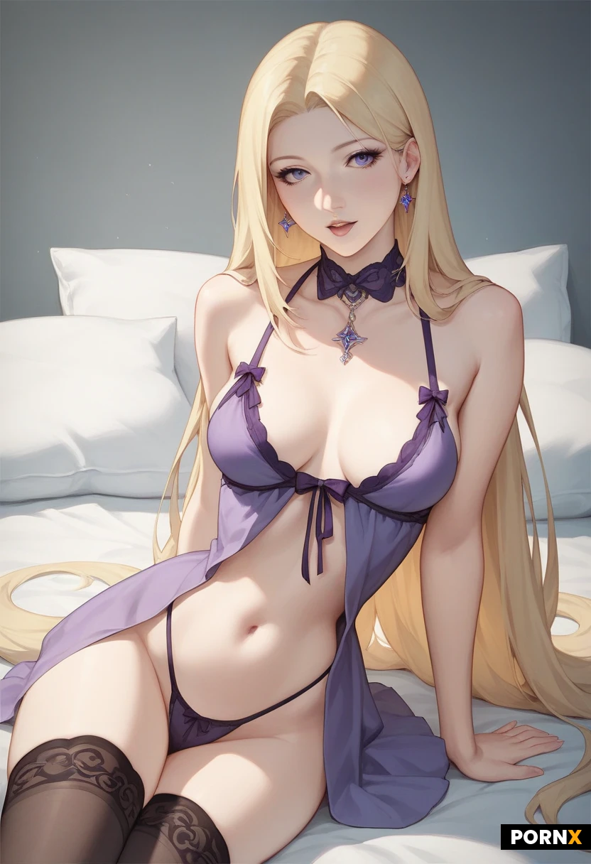 beautiful woman, short blonde bob, slim toned body, small breasts, fair skin, High quality, white very pale skin, anime bitch, anime eyes, anime doll like face, anime 2D style, Semi-Realistic Shading, modern digital anime, natural blonde hair, very long straight hair middle parted, sexy thicc Legs, fantastic ass, Narrow Waist, skinny flat tummy, Wide curvy Hips, massive round filled Breasts, Exposed Hips, Exposed Waist, bare head, sexy black G-string, sexy erotic pale purple babydoll nightie with long hem, sexy black stockings, orgasm, fantasy medieval bedroom,