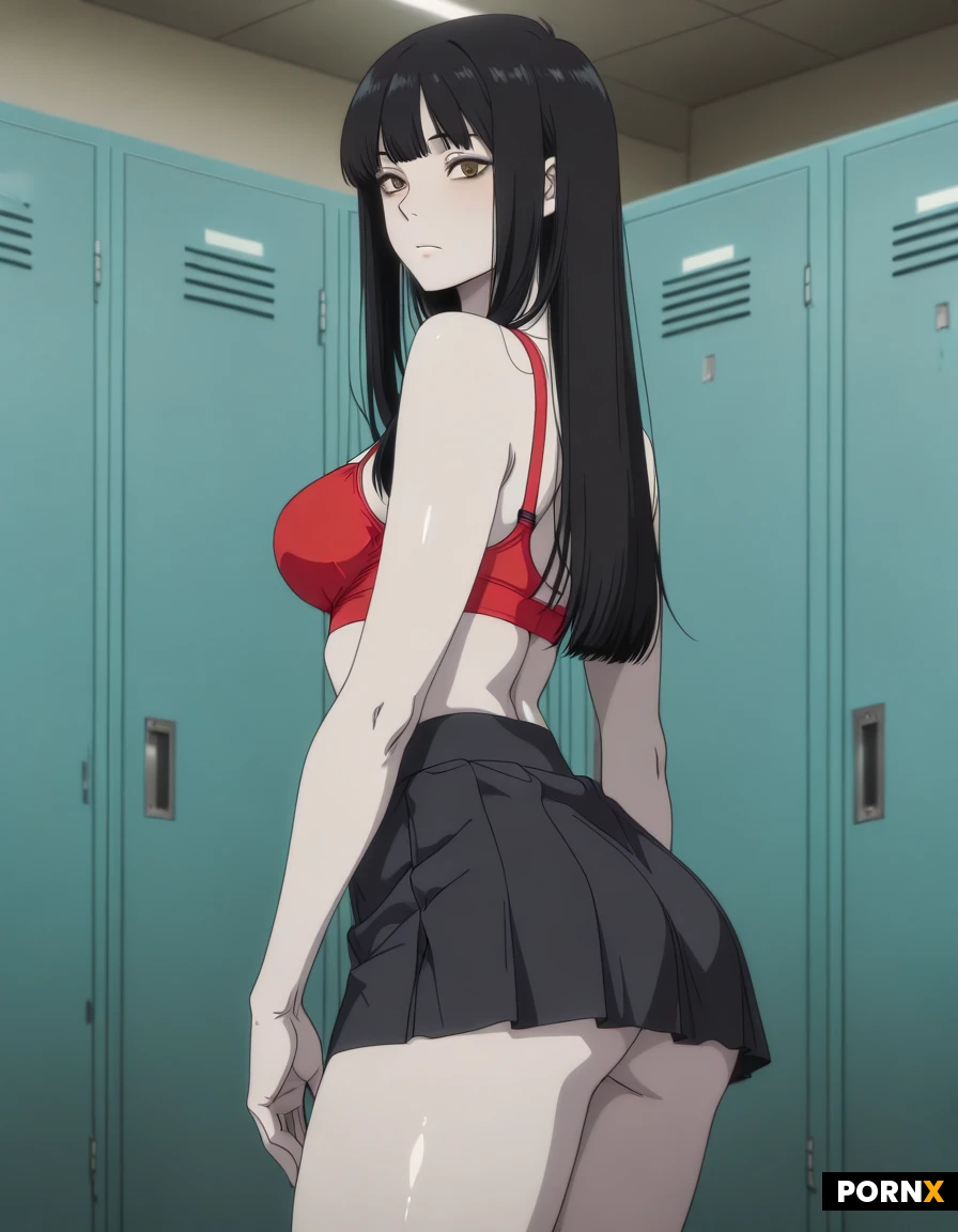 Woman, 18 Years old, Chinese, Fit, Pale skin, Medium breasts, Fit thighs, Wide jaw, Black hair, Long hair, Straight hair, Brown eye color, Medium ass, Locker room, Mini skirt, Sport Bra