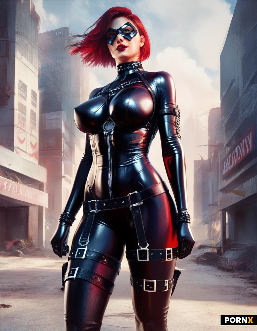 high definition, cinematic light, super heroine, curved body, big breast, bob cut hair, red lip, red full body tight bodysuit, black latex elbow glove out side of bodysuit, latex thong outside of bodysuite, long latex stocking outside of the bodysuit, black eye mask, straps, belts, a big letter "x" symble in a black cycle on chest bodysuit, background, future city, detailed face, detailed eyes,