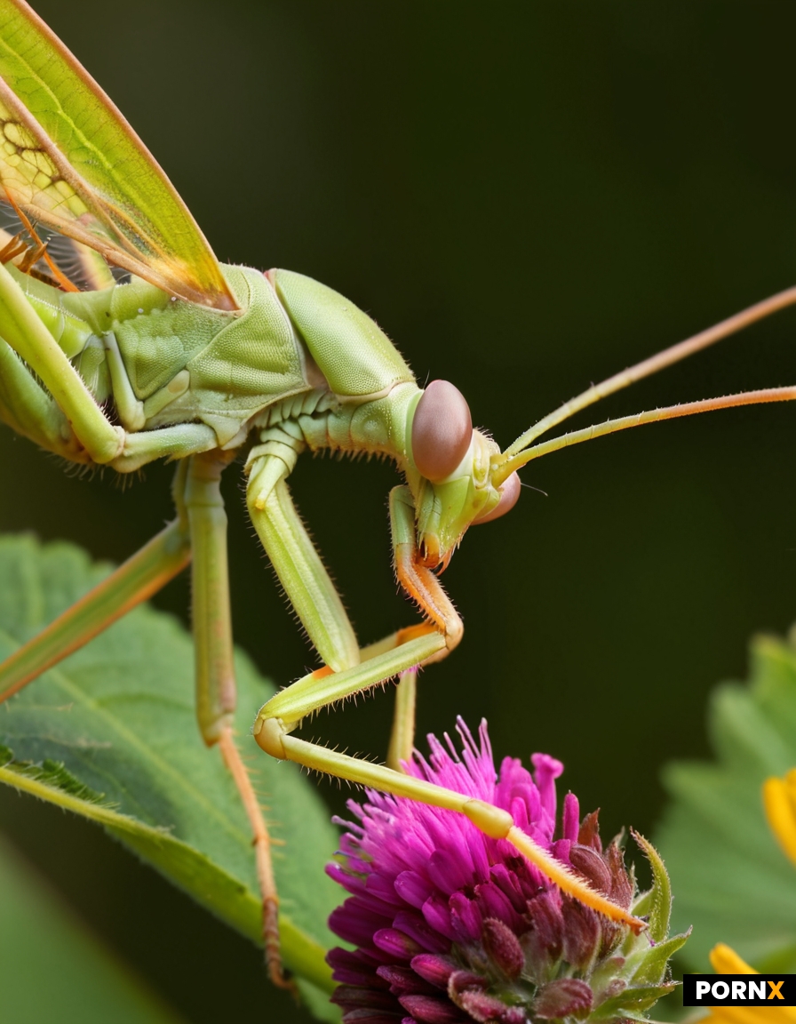Close-up macro photography of a colorful mantid on a flower