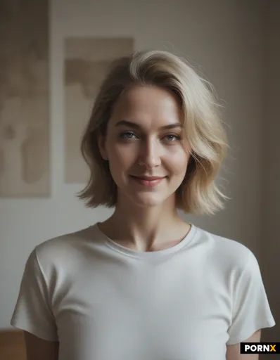 She has a narrow oval-to-heart-shaped face with a relatively high forehead