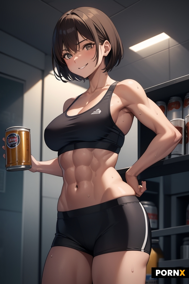 Sweaty Tomboy getting a beer out of the fridge