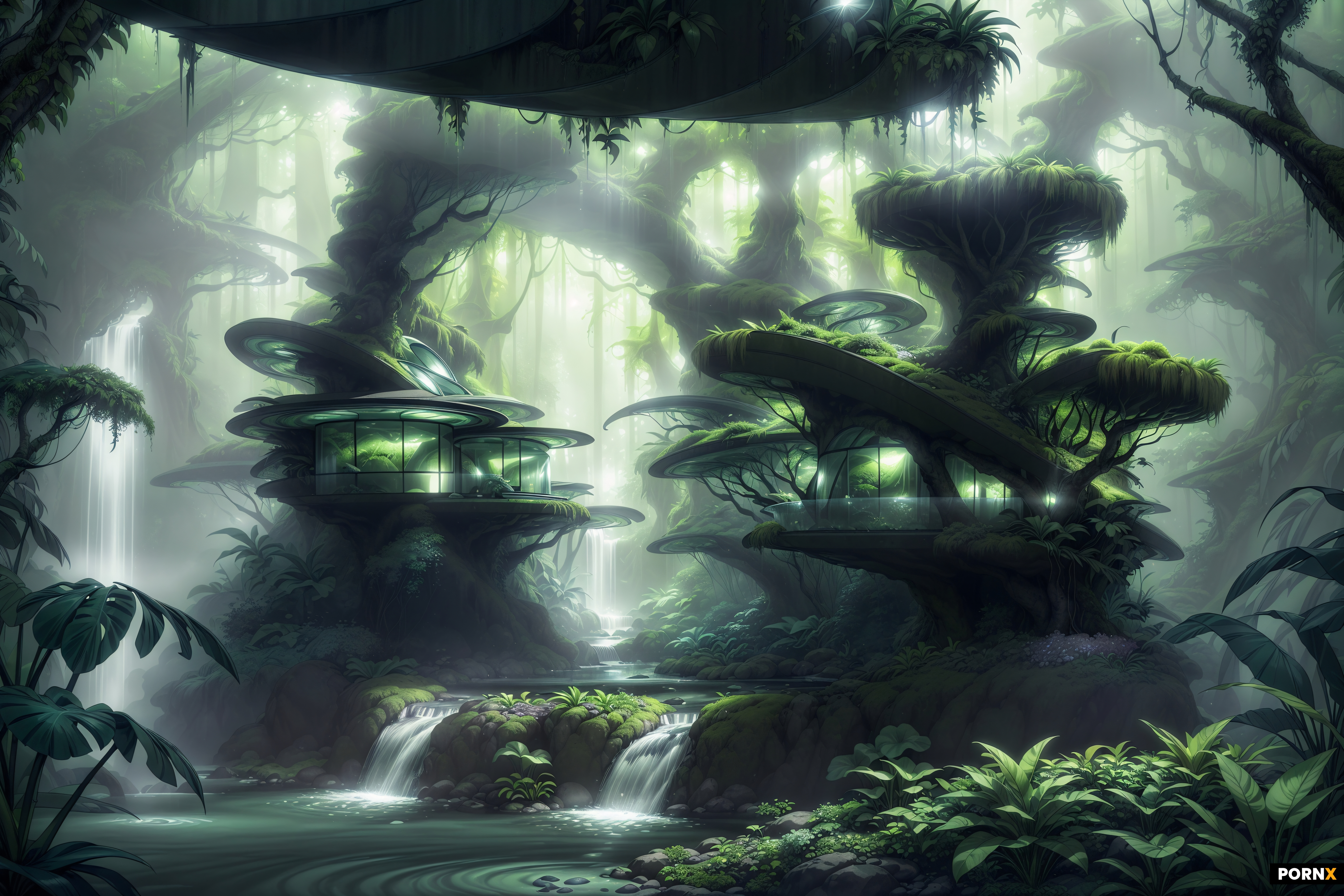 A rounded and curved futuristic home in the center of a foggy jungle