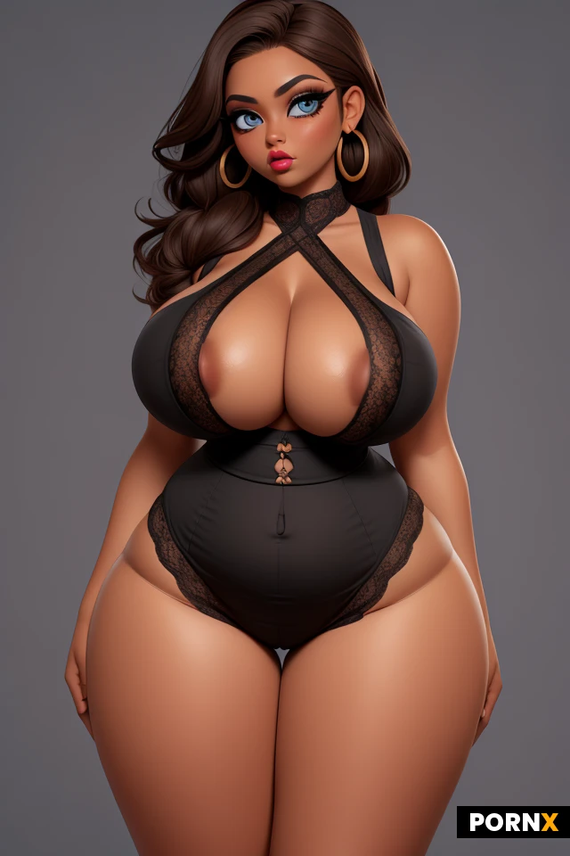 woman, dark skin, lots of makeup, thick black eyeliner, earrings, mature, (thick thighs:1.25), (curvy:1.5), (thick:1.25), (voluptuous:1.25), (huge boobs:1.5), (round perky breasts:1.45), firm, perky, (wide hips:1.5), (narrow waist:1.3), light brown hair, huge eyes, big beautiful eyes, colorful eyes, lipstick, pouting, lace, portrait