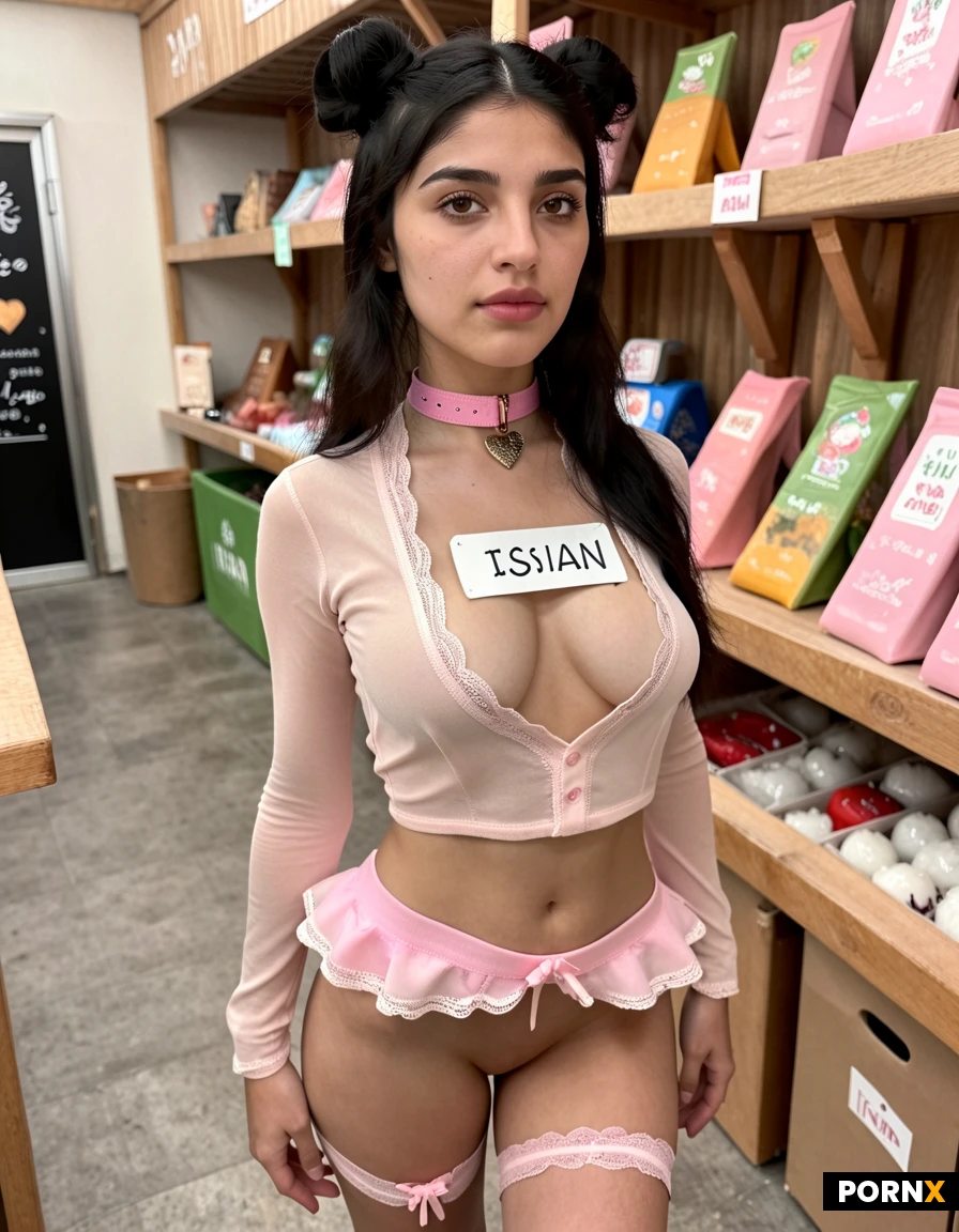 standing at a pet supplies stall in an open market hall. wearing tiny pink pvc micro mini skirt, high enough so naked pussy visible. pink transparent skin tight blouse, no bra. pink dog collar with diamantes on her neck with heart shaped small name tag attached. 6 inch clear plastic stiletto high heels on. she has sticky drips of syrup on her inner thighs. her pink lip gloss is smeared across her face.