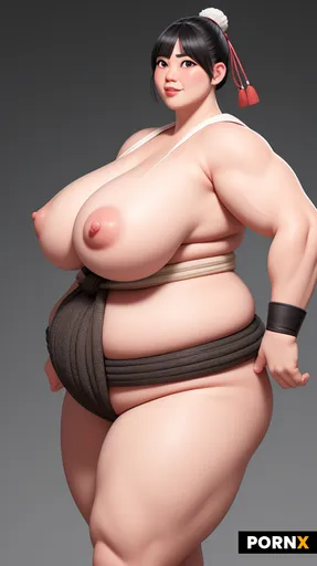A huge japanese female sumo wrestler with Sweet face