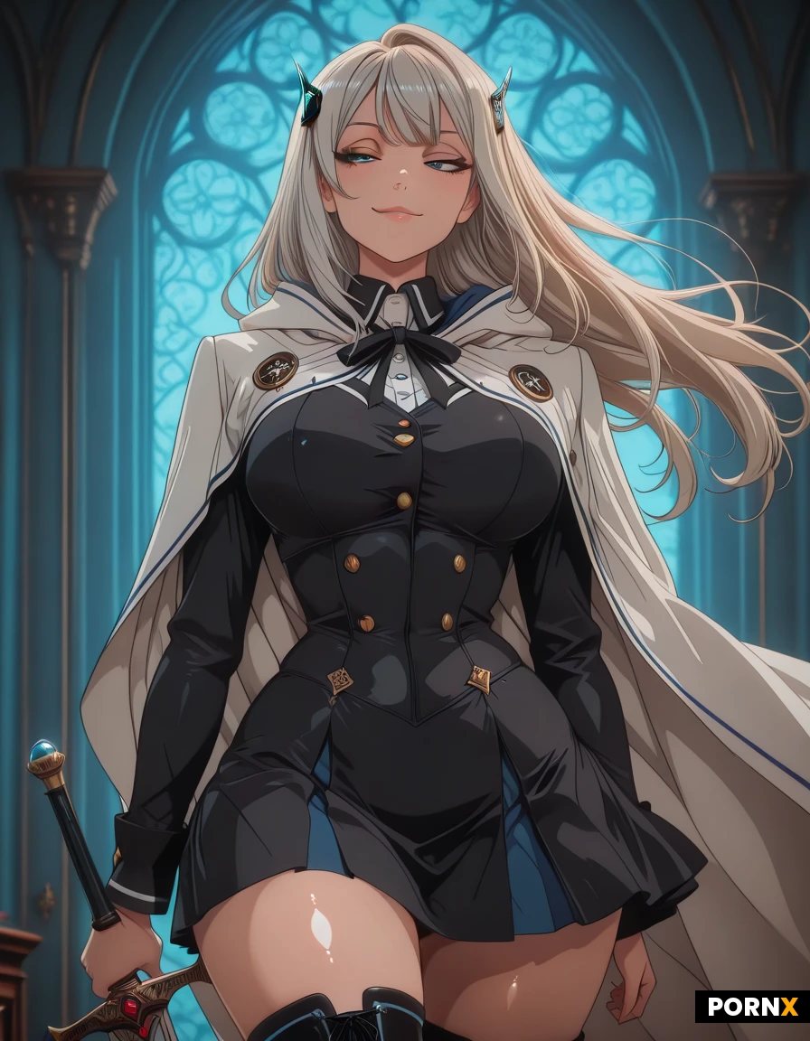 a (curvy:1.5), blonde hair, blue eyes, athletic build, toned physique, arrogant face, black academy uniform, white cloak, blue noble details, blue buttons, skirt, thigh-high boots, silver hair ornament, longsword, the whole setup is straight out of a cosplay fantasy, soft, glossy anime aesthetic, gothic academy dormroom, wind, soft warm blue lighting, glossy skin, detailed eyes, soft anime shading