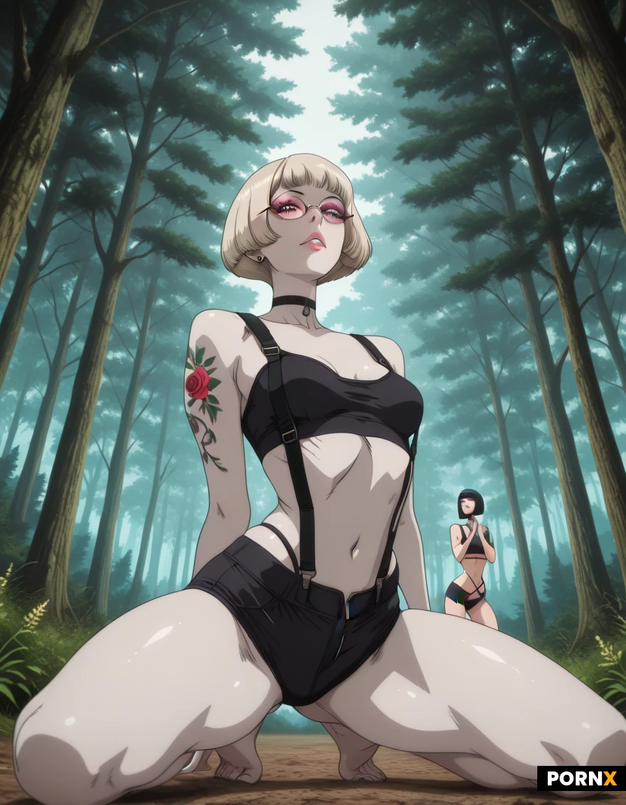 Woman, 18 Years old, Russian, Skinny, Pale skin, Small breasts, Skinny thighs, Makeup, Busty lips, Wide jaw, Beauty face, Long eyelashes, Sharp nose, Blonde hair, Short hair, Choker, Full body, Glasses, Intricate clothes, Low angle, Bobcut, Kinky hair, Spring, Forest, Unzipped clothes, Yoga pose, Thong, Suspenders, Underpants, Tight top, Crawl, Spreaded legs, Striptease, Modern tattoos, Piercing, Oiled skin