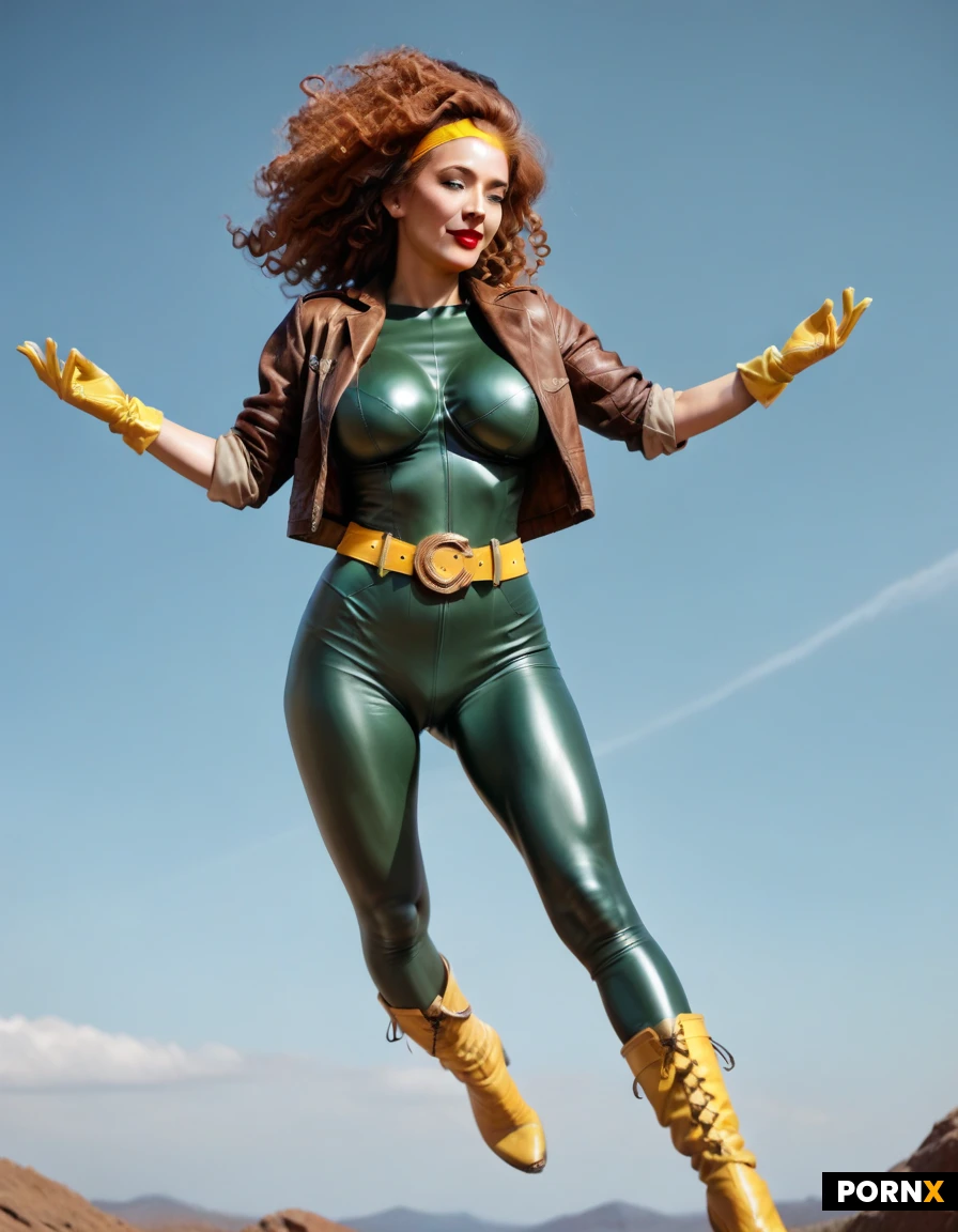 Redhead Irish woman. Fair skin. Red lipstick. Yellow gloves. Green and yellow latex body suit. Brown leather jacket with rolled up sleeves. Long yellow boots to her knees. Long curly hair. Flying in the air. Comic book hero. Super hero. Yellow headband around her forehead. Fluffy hair. Beauty. Stunning confidence. Sci fi. Super hero pose. Flying in the air. Yellow belt. "X" belt buckle. 8k resolution. Glamor photo. Strong. Fit. Busty. Tease. Glamor shot. Brown leather jacket with the sleeves rolled up.