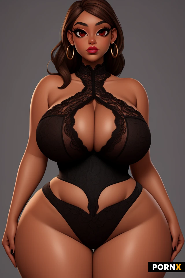 short woman, short stature, dark skin, light brown hair, lots of makeup, thick black eyeliner, thick lips, plump lips, earrings, (thick thighs:1.2), (curvy:1.5), (thick:1.25), (voluptuous:1.25), (enormous breasts:1.35), tight, busty, firm, perky, (wide hips:1.5), (narrow waist:1.35), lipstick, lace, seductive