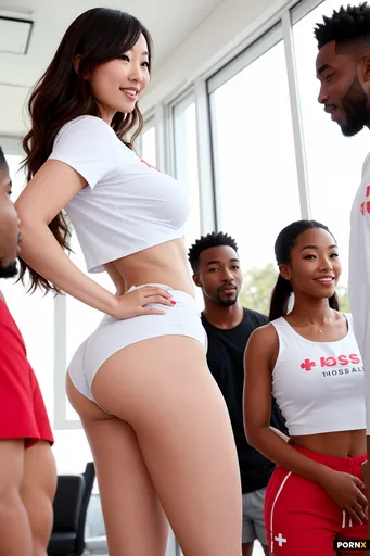 A cinematic wide angle photo showing a short cute Chinese girl talking to a group of tall black slim