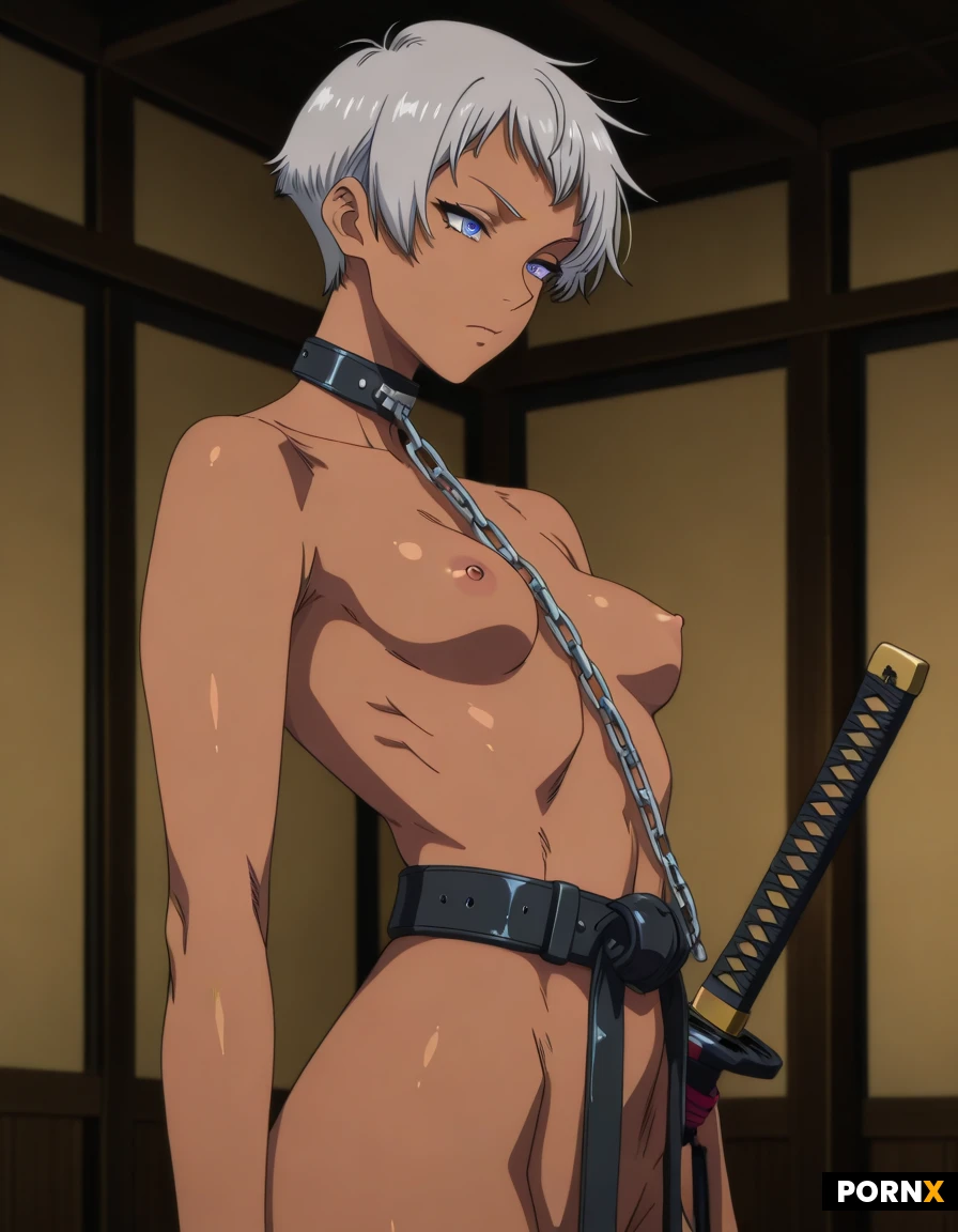 1girl, solo, Short in stature, silver hair, very short hair, blue eyes, cool expression, boyish face, dark skin, small breasts, toned body, thin build, collar with long chain, japanese sword, Naked, sword belt, katana