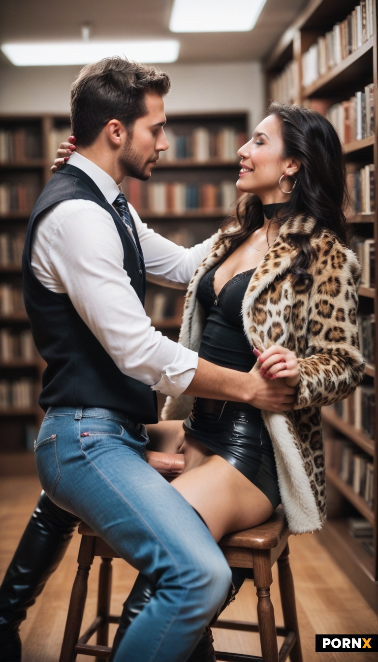 ddf style straight couple sex: white man fucking his japanese girlfriend in a library