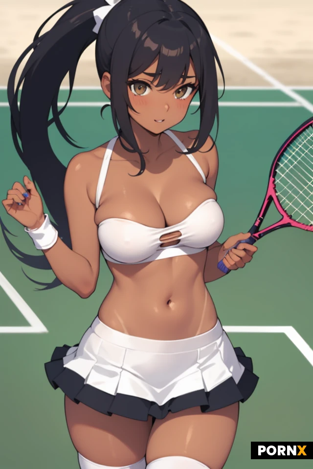 Fit Indian,cute girlfriend,cute model,tanned skin,busty,ponytail long hair,exposed breasts,perfect round Breasts,cleavage,((micro mini skirt)),high thigh socks,((tight tube top)), playing tennis.