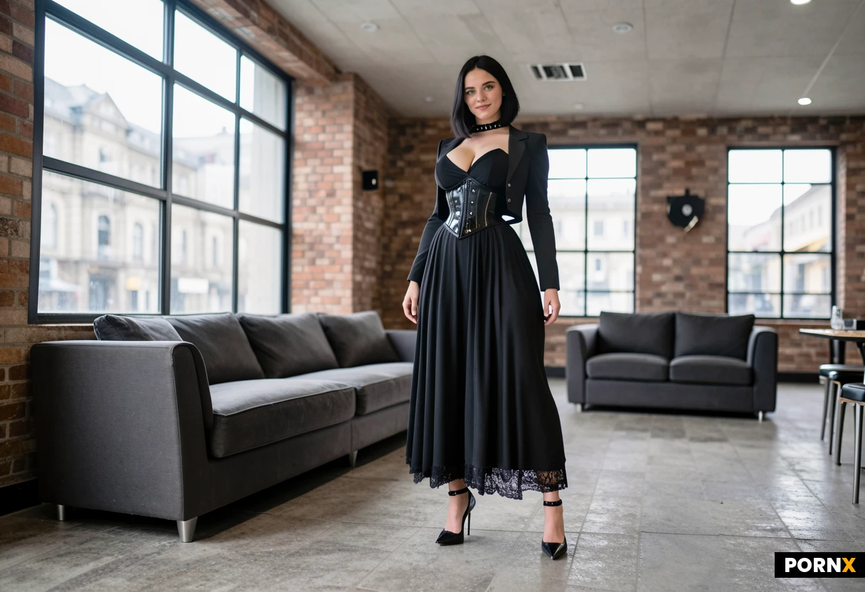 A detailed fashion editorial portrait of a woman lounging elegantly on a sleek, low-profile velvet tufted sofa inside a minimalist contemporary cafe.
She wears an avant-garde alternative outfit consisting of a tailored damask corset under a heavy brocade blazer with sharp structured shoulders, layered over a sheer tulle skirt with intricate lace hems. multiple spiked chokers, and ornate metallic rings accent her hands.
smile
stiletto ultra high heels
full body
standing
explicit posing
The indoor environment features polished concrete floors, brushed steel fixtures, and raw exposed brick. Intense, bright afternoon sun floods through floor-to-ceiling glass windows, casting stark geometric shadows and creating a brilliant highlight contrast against the rich, matte textures of her wardrobe. High-end lifestyle photography, sharp focus, 8k resolution. --ar 4:5 --style raw