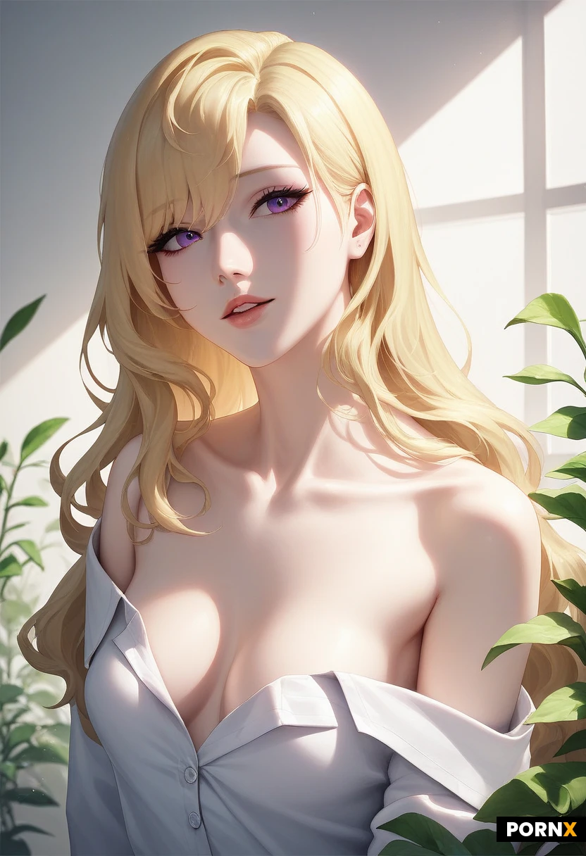 beautiful woman, short blonde bob, slim toned body, small breasts, fair skin, (2.5D:1.2), semi-realistic anime style, korean manhwa illustration, digital painting, hyperdetailed, soft volumetric lighting, depth of field, oval-line-face, slender features, sexy curvy round thights, sexy hips, detailed almond purple eyes, soft parted lips, long blonde hair, loose waves, curtain bangs, middle part, soft layered wavy hair, voluminous hair down, face-framing layers, fair smooth skin, sexy white fullbody leggings suit with V-cleavage, garden background,