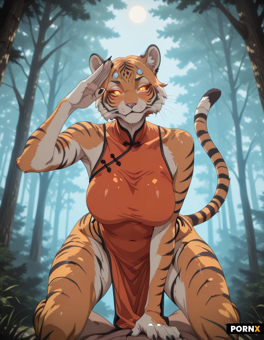 A voluptuous tiger-woman with bright orange-black stripes, feline ears, delicate whiskers, glowing amber eyes and a long, swishing tail, her curvy human torso clad in a scarlet silk cheongsam that clings to every curve and reveals a sheer lace thong beneath, is positioned on all fours in a sun-dappled forest clearing. She gazes directly into the camera with a sultry, confident expression while extending a graceful, cat-like salute, her claws gently flexed. Soft rim lighting filters through the trees, casting golden highlights on her striped fur and the glossy fabric, while a shallow depth of field keeps her sensual form sharply in focus against the blurred mossy backdrop. The scene is captured from a low, slightly tilted angle to emphasize her dominant pose, rendered in hyper-realistic digital painting with cinematic atmosphere.