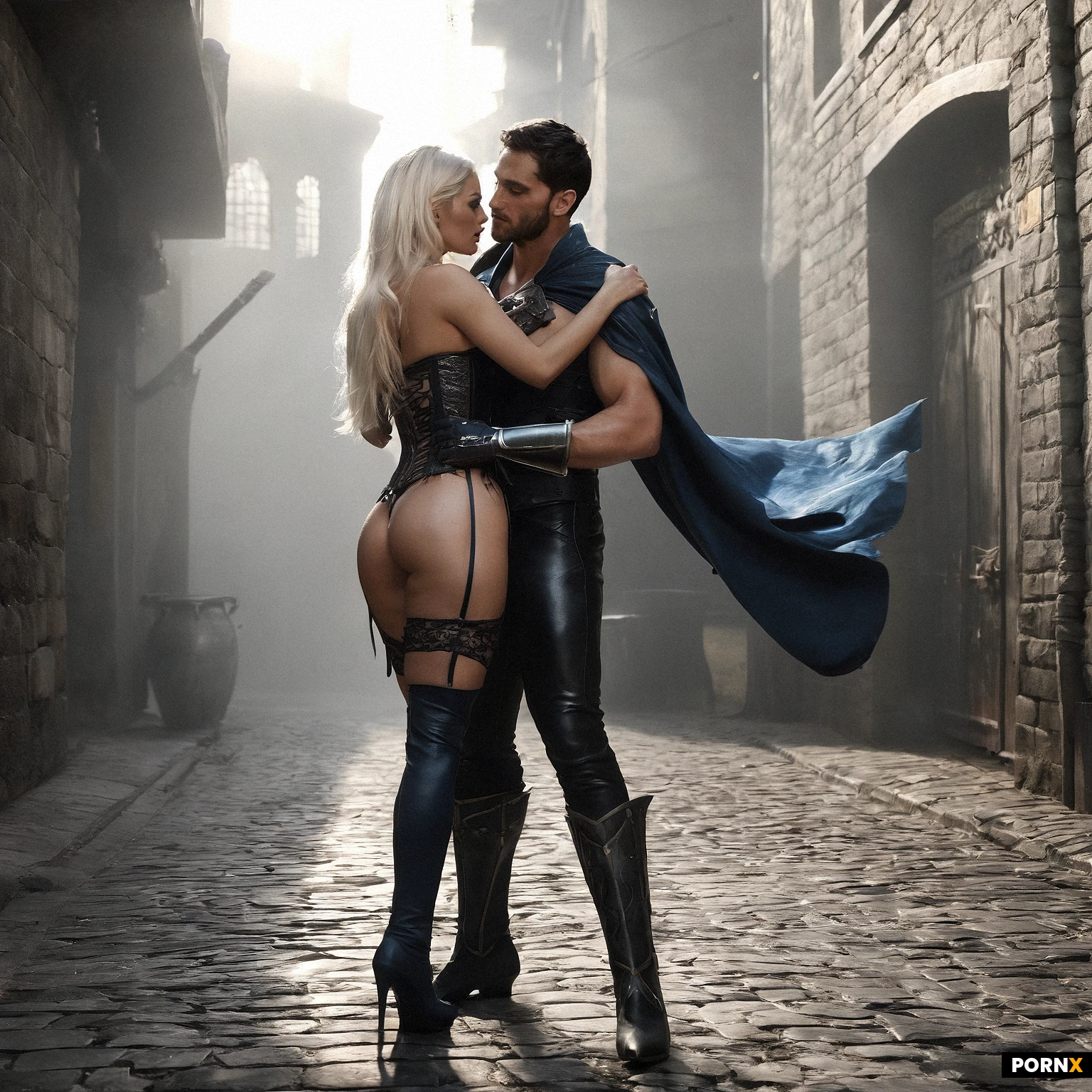 A close-up, shallow-depth-of-field male point-of-view captures an adult fantasy rogue in her early twenties, her golden hair spilling in soft waves around a teasing, mysterious smile as she prowls the shadowed rooftop alley. Her slender, curvaceous figure is accentuated by a firm, tight-fit rear jutting from dark leather trousers, while her large, slightly sagging breasts are barely restrained by ornate silver-etched pauldrons and a sheer black lace corset that lifts the low neckline to reveal glistening body jewelry. She strikes a provocative, teasing pose, one hand gripping the pointy hood of a long midnight-blue cape that billows behind her, the other resting on thigh-high boots that hug her calves, the armor hugging every curve of her enhanced form. Moonlight filtered through torches casts ethereal rim lighting and deep shadows, highlighting the smooth flesh, delicate lace texture, and the gleam of metal, all rendered in a high-fantasy, cinematic style with dramatic chiaroscuro and crisp, realistic detail.