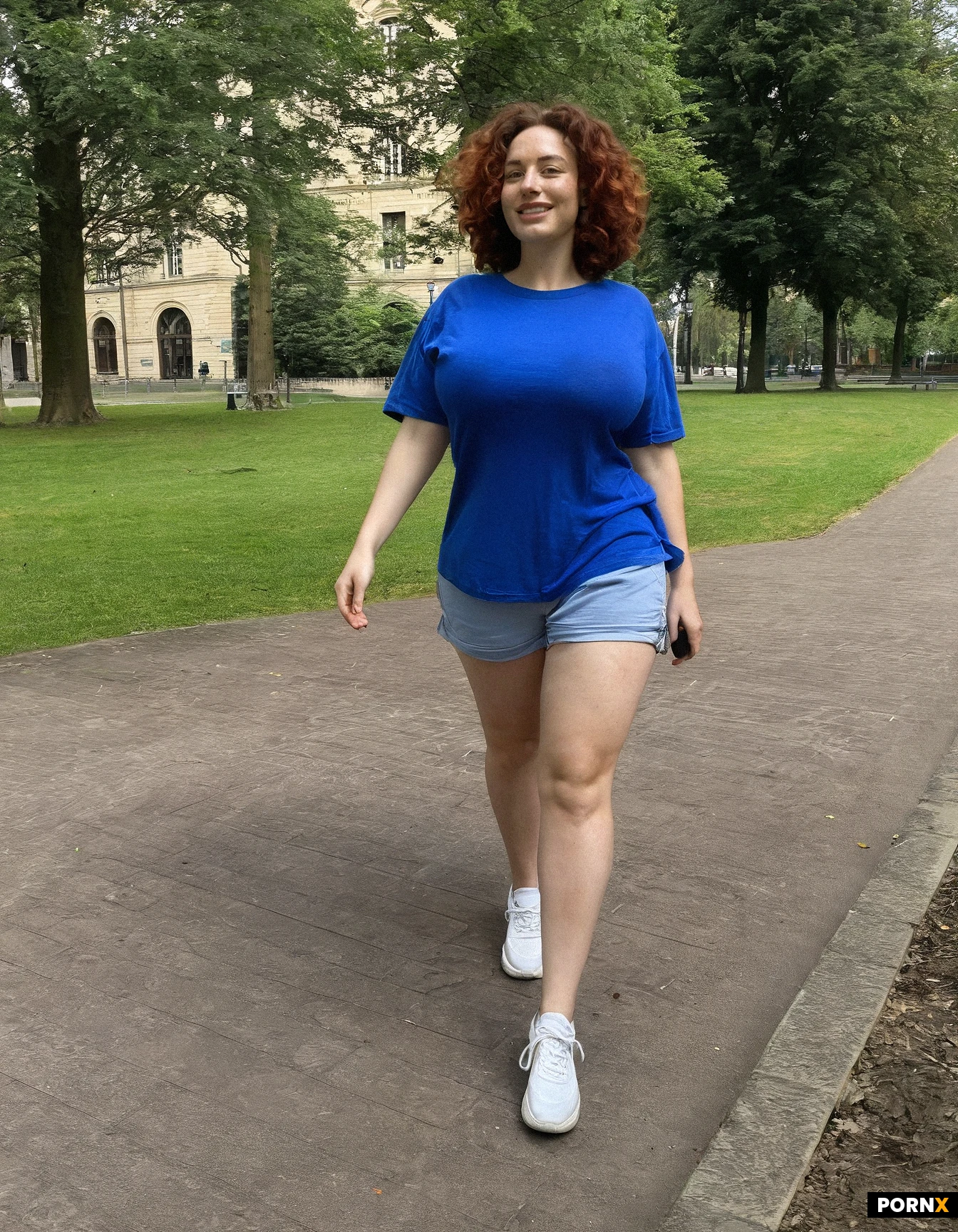 21 year old woman,busty,(large breasts),short curly reddish brown hair,(freckles),wearing (large flowing oversized blue t shirt and shorts), walking outside at a park, (full body)