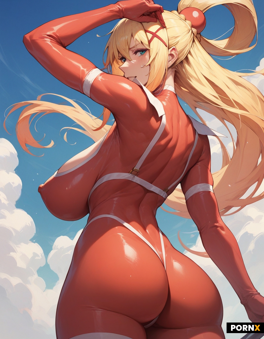 Konosuba darkness blonde bodysuit big breasts cleavage pink erect nipples bubble butt skimpy slutty