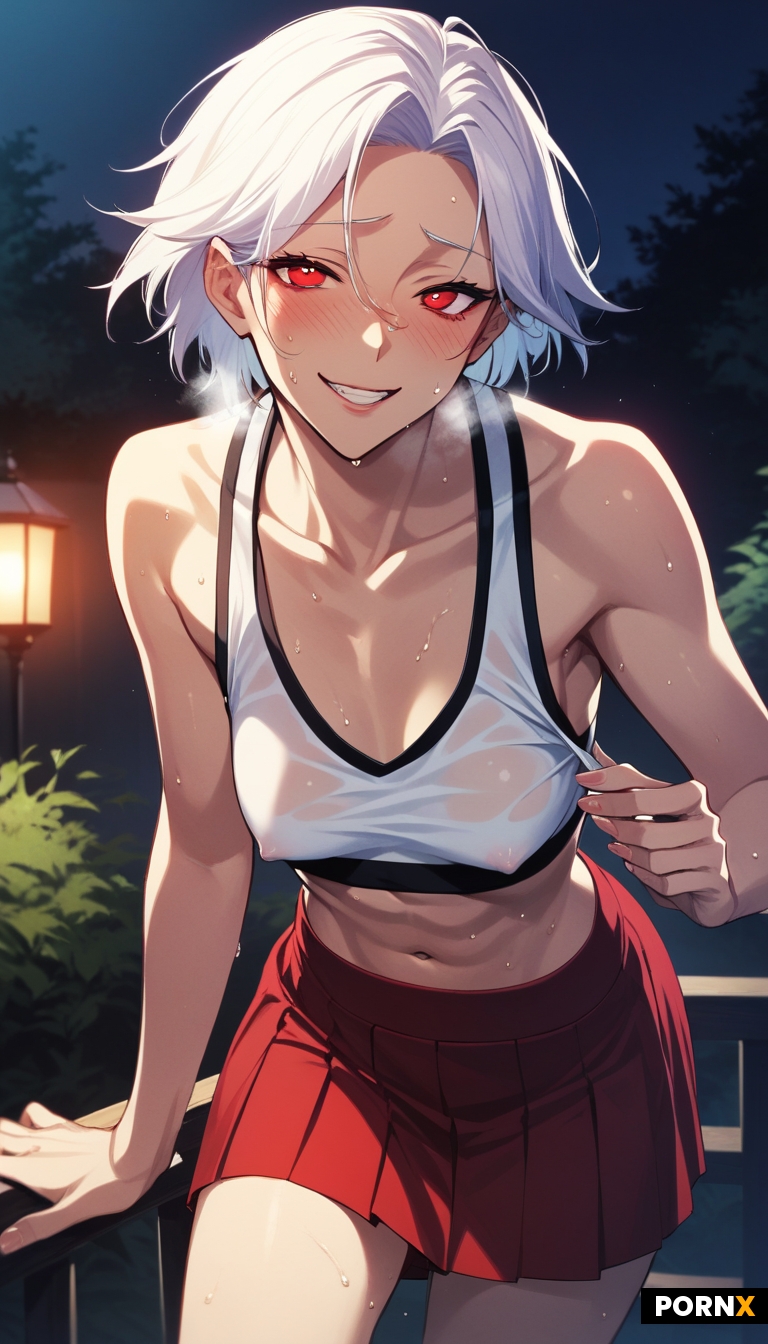 one sweaty Japanese female with white short hair and red eyes leaning forward looking at viewer blus