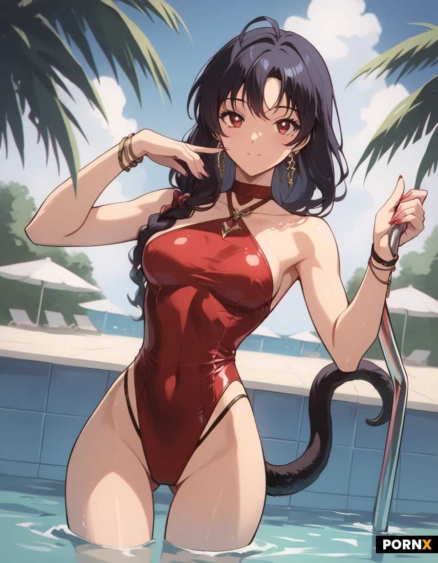 sexy attractive cute anime lady, 18:3, beautiful athletic nymph, soft cute face:1.5, cute:1.5, athletic:2.0, natural curves, human tail, sexy tail, sexy g-string, cute big round booty:3, slim sharp waist, short, extremely cute:3, fit girl, aroused, sexy fit hourglass figure:1.3, short:1.4, cute idol, adorable:1.5, thigh gap, anime, view from behind, arched back, dynamic angle, pool party, sexy close-up