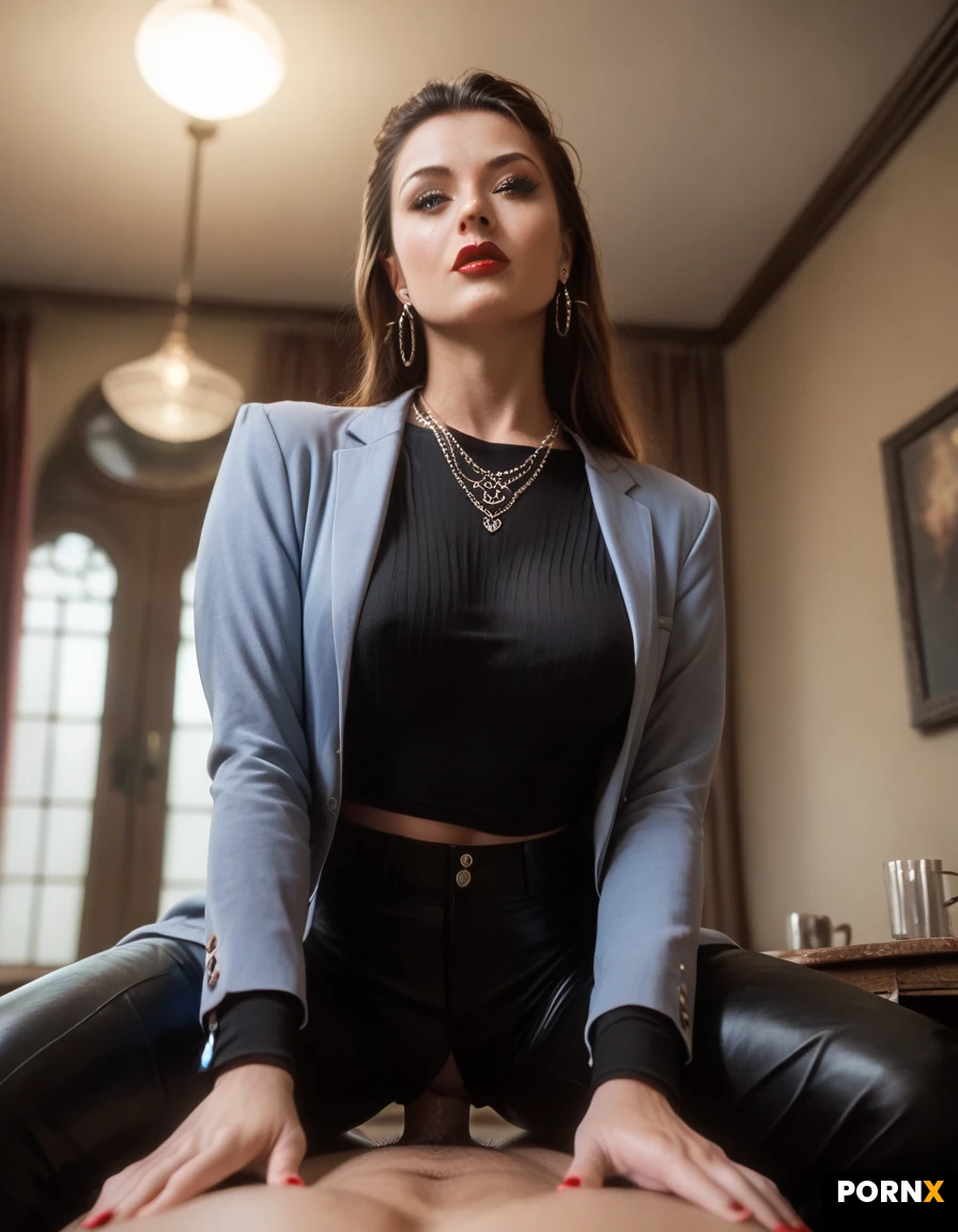 high definition, super realistic pretty woman, pretty face, look at viewer, necklace, earring, red lip, makeup, (Black fitted long-sleeve shirt :1.3), tailored black trousers, structured light blue blazer, cowgirl position, vaginal penetration, mans long thick penis, background, big meeting room, big round table, detailed face, detailed eyes, pov view, low angle view,