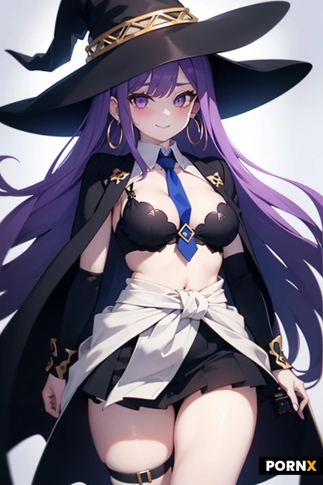 A busty thick,thick thighs,big rounded breast,woman holding a compact futuristic camera near her face, looking at the viewer with a gentle, confident smile. She has long, vibrant purple hair with slight waves, sparkling purple eyes, and double hoop earrings. She is wearing a wide-brimmed dark navy witch-style hat with a geometric patterned underside and gold ribbon accents. Her outfit consists of a crisp white fitted top with black criss-cross lace-up details at the chest, a small necktie, a blue and white coat wrapped around her arms, and a black geometric-patterned skirt with metallic silver ring accents around her waist and thigh. Film strip effects floating in the bright, glowing background, cinematic lighting, ultra-detailed, anime art style, masterpiece, 8k resolution.
