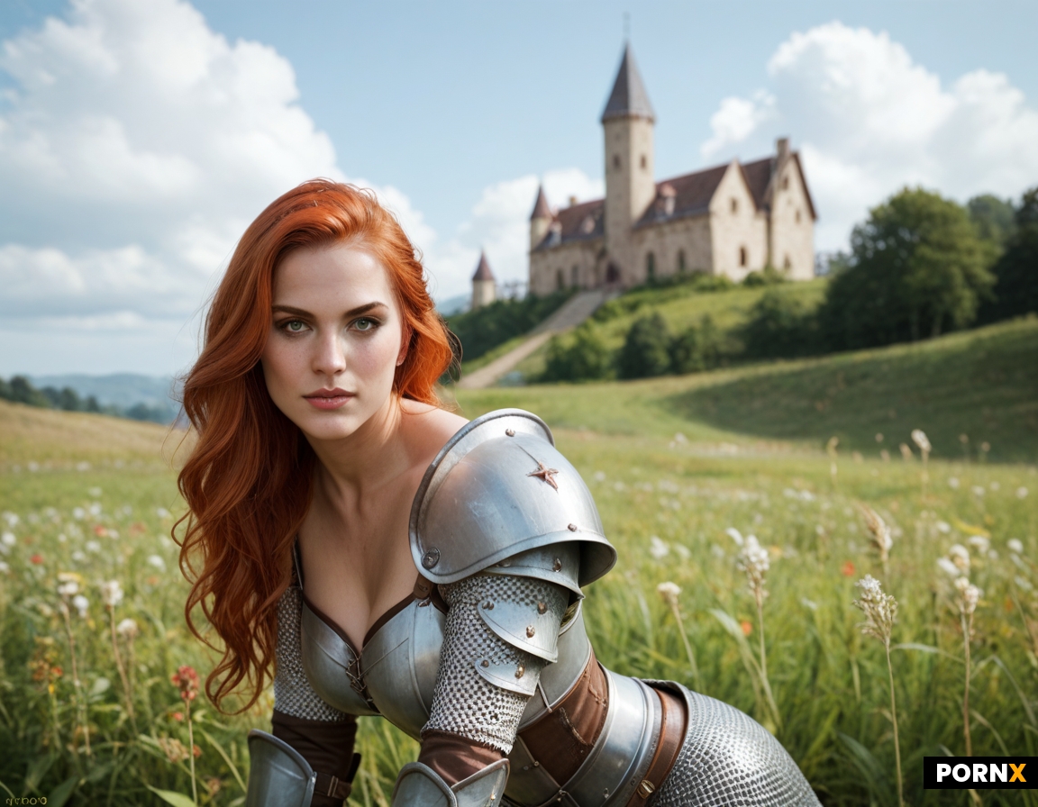 Sexy 25yo redhead female vampire in full armor on a medieval field