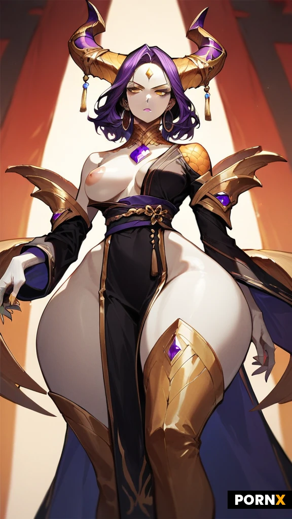One woman, (white skin), standing, serious face, golden horns, black and purple hair, medium hair, straight hair, middle part hair, small purple gem in forehead, golden eyes, long eyelashes, pink lipstick, medium breasts, (Huge areolas:1.2), skinny, (wide hips:1.4), (massive ass:1.4), black hoop earrings, black gem on chest, Black shoulder-less Kimono, golden scales on neck, thigh high golden boots with white accessories, view from below