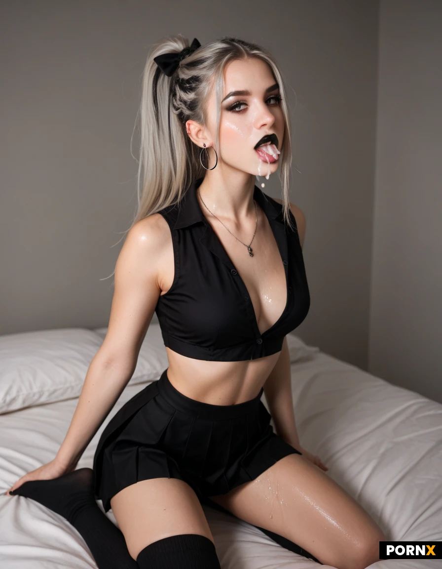 19 woman, scandinavian, goth girl, skinny, (round face), thin waist, ear piercings, round ass, (platinum blonde hair), ponytail, goth_seifuku, thigh socks, medium natural breasts, piercings, thong around knees, skirt up, on knees, ahegao expression, (wet hair :1.2), cum on face, black lipstick oiled, (cum in mouth:0.7), dick in mouth, bedroom