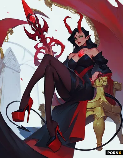 A demon or devil queen seated on a carved stone throne