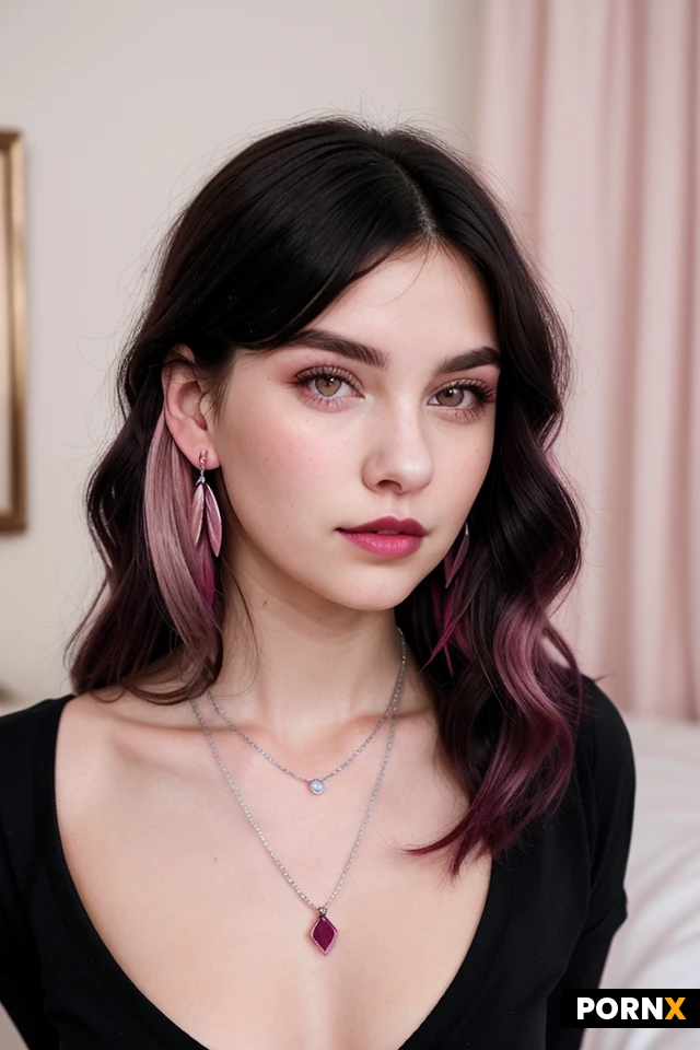 18 year-old adult woman with fair porcelain skin, delicate oval face, rosy cheeks, full pink lips. Long, wavy jet-black hair with magenta and pale-pink streaks framing her face. bedroom, layered silver necklaces, small earrings, and rings. Alternative soft-goth aesthetic. short, skinny, portrait