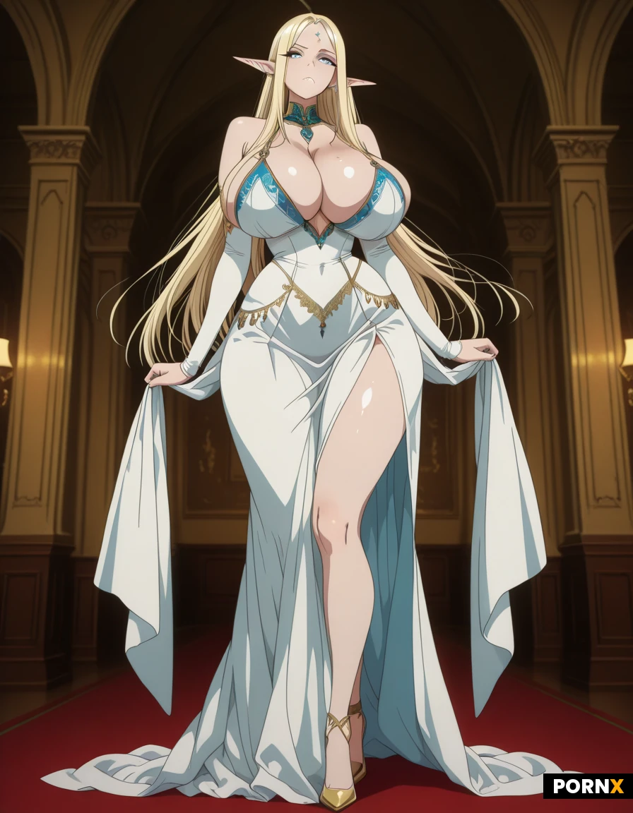 Anime style, full body view, beautiful elf princess, 150cm tall, serious cold elegant expression, highly detailed face, delicate facial features, piercing blue eyes with long eyelashes, detailed eyes, soft lips, long straight blonde hair, pale flawless skin, extremely massive hyper gigantic breasts fully exposed and uncovered, breasts so huge they dominate her frame, very narrow waist, wide curvy hips, wearing an elegant royal fantasy dress open at the chest leaving her enormous bare breasts completely out, intricate gold and blue embroidery, standing pose, luxurious mansion background, highly detailed face and body, sharp focus, seductive yet elegant atmosphere